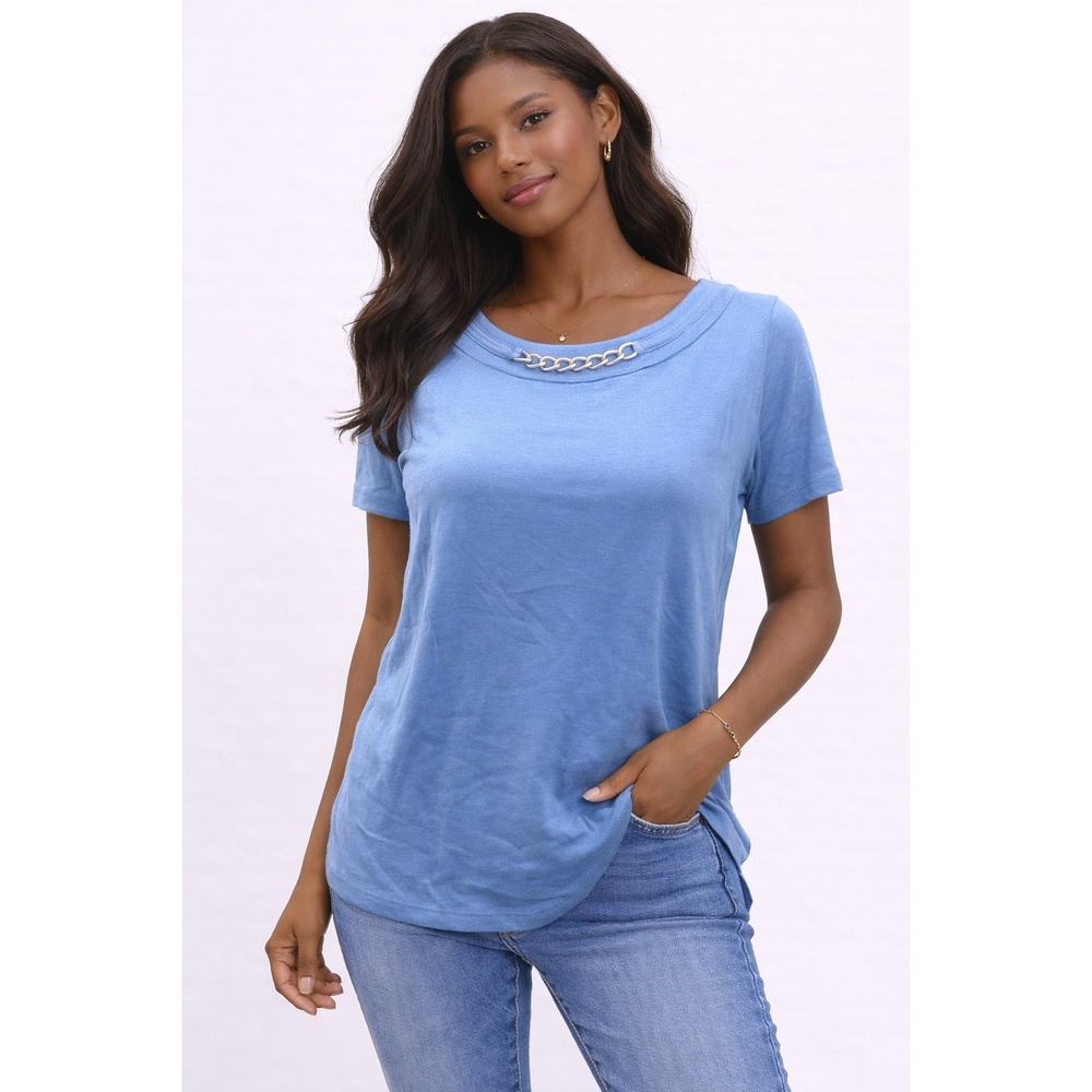 Rafaella- Blue Short Sleeve Top with Chain Accent Size PM